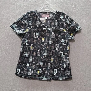 Koi Women Scrub Top Medium Black Perfume Beauty Care Allover Print Short Sleeve - Picture 1 of 8