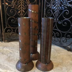 Vintage Metal Vases Set 3 Welded Steel Cylinder Tubes Rustic Pipes Mid Century - Picture 1 of 17