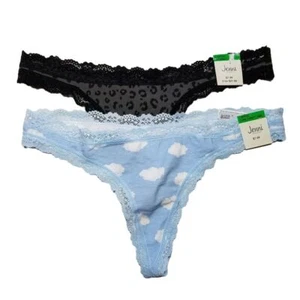 Jenni Intimates Lace Trim Thong Panty Set of 2 Size L Blue Black NWT - Picture 1 of 6