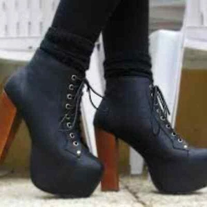 JEFFREY CAMPBELL Black Distressed Lita Platform Heeled Lace-Up Bootie 8M - Picture 1 of 11
