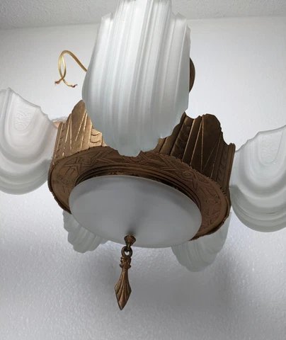 Unique Vtg Art Deco 5 Light Gold Tone Slipper Shade Chandelier Ceiling Fixture Cover