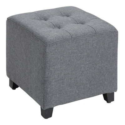 HOMCOM Linen-Look Square Ottoman Footstool Button Tufts Wood Frame Padding Grey - Image 1 of 4