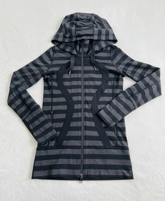 Lululemon Striped Long Sleeve Full Zip Hooded Jacket Hoodie Gray Black Pockets 4 - Image 1 of 4