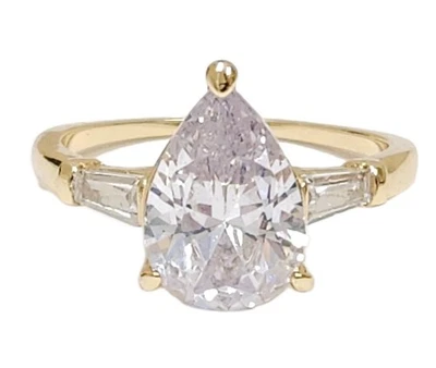 14KT Yellow Gold HGE Pear Cubic Zirconia Solitaire Baguette Cocktail Ring Sz 9.5 - Image 1 of 4