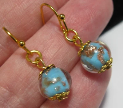 Aqua sky Blue Venetian Italian Murano Glass Gold Foil Bead Vintage Styl EARRINGS - Image 1 of 4