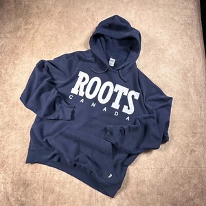 Canada Roots Hoodie Mens XL Blue Y2k Spellout Pullover Relaxed Fit Fleece Cotton - Picture 1 of 10