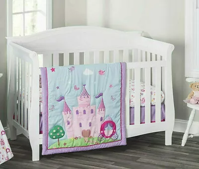Little Princess Castle Baby Cot Quilt Sheet Set 3 Piece Girls Pink Bedding • 89$