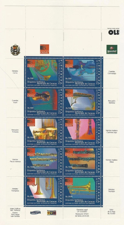 Venezuela: 2005; Scott 1651, partitura de prueba, música orquesta sinfónica, como nuevo EBV1733 Foto 1 de 2