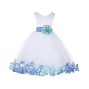 Wedding White Tulle Flower Girl Dress Mixed Rose Petals Recital Pageant Princess - Picture 1 of 13