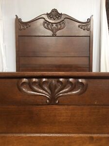Antique 1890s Art Nouveau Carved Full Size Oak High Back Bed