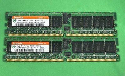 PAIR of 2xHynix HYMP512R72P4 1GB 240p PC2-3200 18c 128x4 DDR2-400 1.8V ECC UDIMM - Image 1 of 4