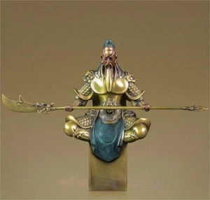 11" Rare Chinese Bronze Loyalty Guangong Guan Gong Yu Warrior God Sword Statue - Picture 1 of 10