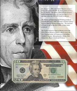 2004 $20 BOSTON FRN. UNCIRCULATED Banknote in BEP folder. LOW Serial # 00000726 - Picture 1 of 3