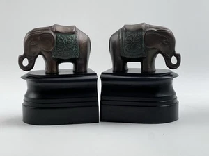 **Vintage Castilian Imports Brass on Wood Bookends Pair Flower of Life Elephants - Picture 1 of 12