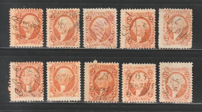 Scott # R6c, Used, 2¢ Bank Check, Better Manuscript Cancels, 10 Different - Image 1 of 2