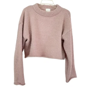 H&M Blush Pink Sparkly Metallic Crewneck Crop Sweater Women’s Size Medium - Picture 1 of 7