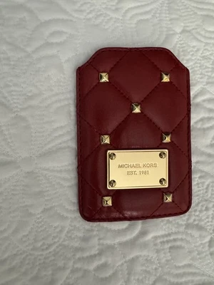 MICHAEL KORS QUILTED STUDS RED LEATHER GOLD SMALL CARD SLIP POUCH POCKET, CASE - Image 1 of 4