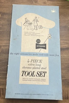 Vintage 4 Piece Sears Kenmore Chrome Plated Steel BBQ Tool Set Tongs Brush Fork - Image 1 of 4