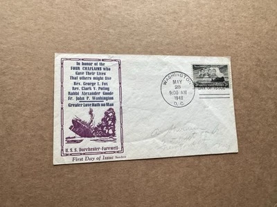 US 1948 FDC +4 Chaplains#956 +Sanders Greater-Love-Hath-No-Man Cachet +WWII Hero - Image 1 of 2