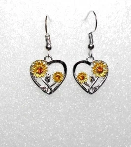 Heart Dangle Earrings, Yellow Flowers, Orange crystals, 32mm long. (3A4) - Picture 1 of 3