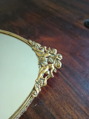Antique Vanity Mirror/Tray Golden Rimmed 8" x 16" Oval Purple Velvet Cupids - Image 1 of 4