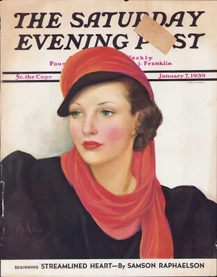 JAN 7 1939 Green Eyed Woman's Fashion SATURDAY EVENING POST COVER ONLY #1 Foto 1 de 3