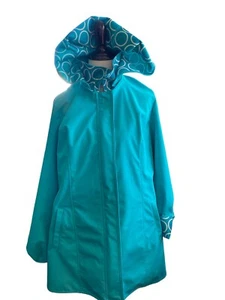 Dennis Basso Women’s Raincoat Medium Teal Blue Zipper Snap Hooded Lightweight - Picture 1 of 11