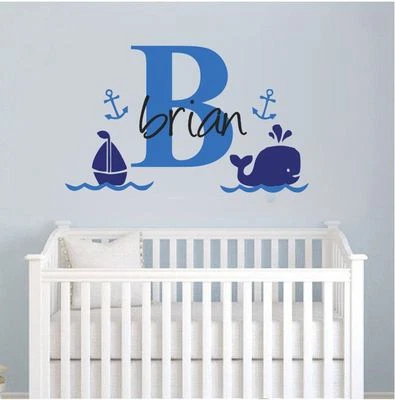wall stickers custom name whale sail boat kids baby vinyl decal decor Nursery - image 1 of 3