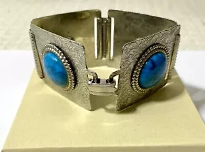 Southwestern Etched Silver Tone Square Panel Faux Turquoise Bracelet Vintage - Picture 1 of 6