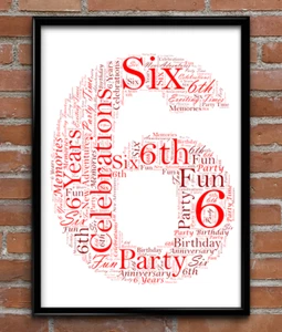 Personalised 6th Birthday Gift - Anniversary Gift - Number 6 Word Art Print - Picture 1 of 8