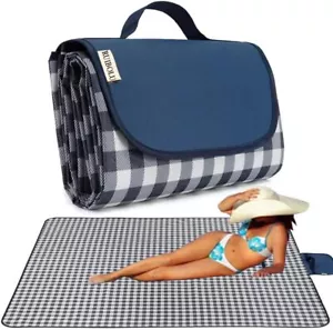 Beach Blanket Large Picnic Blankets, Sandproof Beach Mat (Dark Blue Plaids) - Picture 1 of 8