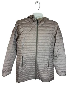 Eddie Bauer EB700 Down Puffer Jacket Womens size Medium Beige Long EUC hooded - Picture 1 of 7