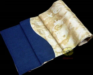 azul marino + arena 12 "x78" caligrafía cursiva china diseño lino organza camino de mesa - Imagen 1 de 6