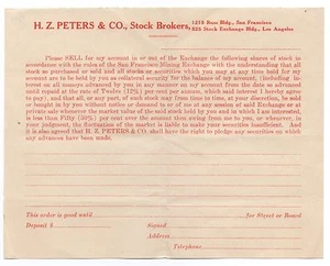 Recibo de 1920 H.Z. Peters Co Stock Brokers SF CA - Imagen 1 de 1
