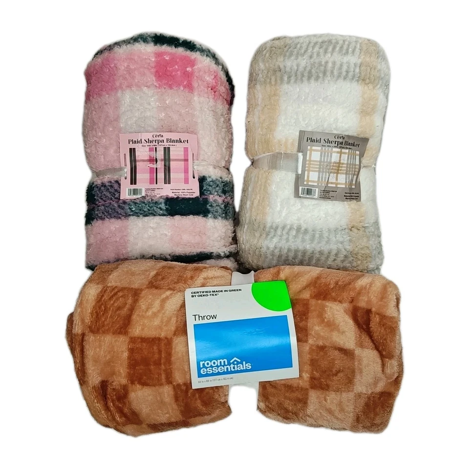 Cerla Sherpa Holiday Plaid Felpa Marrón Cuadros 3 Mantas 50/60" Nuevo Foto 1 de 4