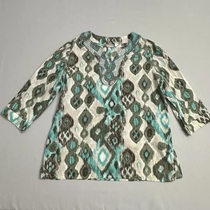 Chicos Top Womens 1 Medium M Beaded Blouse 3/4 Sleeve Beach Coastal Resort Shirt - Picture 1 of 15