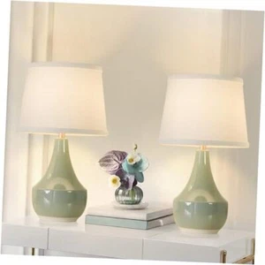 Table Lamp Set of 2, 18.63” Ceramic Table Lamp Sage Green;White Lampshade - Picture 1 of 7
