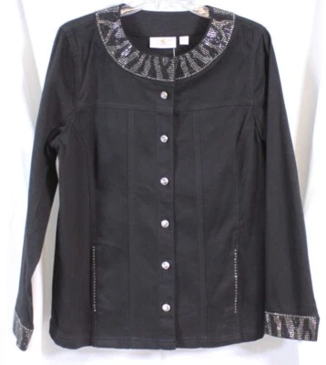 Quacker Factory Jeanne Jacket Animal Chic Rhinestone Embellished Scoop Black M - Image 1 of 4