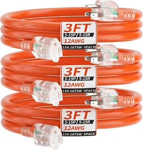 Confezione 3 Cavo Prolunga Esterno 3FT 12/3 Calibro Impermeabile con Indicatore Illuminato, - Foto 1 di 12