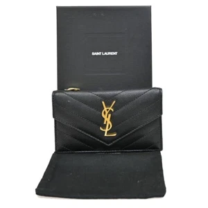 SAINT LAURENT YSL Logo Compact Bifold Wallet Leather Black GHW Italy 87EE549 - Picture 1 of 14