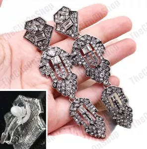 CLIP ON 4"long ART DECO geometric BIG CRYSTAL EARRINGS silver rhinestone GLITZ - Picture 1 of 9