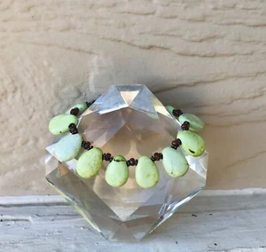 Vintage Artisan Mint Green Lemon Chrysoprase Stone Amber Tone Bead Bracelet - Picture 1 of 7