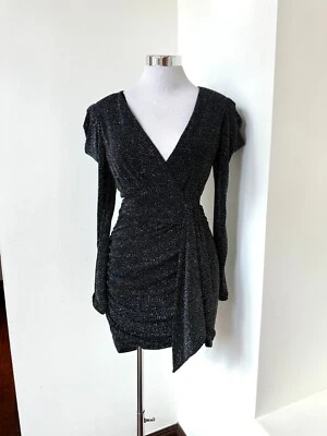 AQUA Mini Dress Metallic Faux Wrap Black Silver Party Dress NYE Size 6 - Image 1 of 4