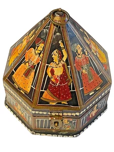 Vintage indischer Mogul handbemalt Achteck Hochzeit Turban Schmuckschatulle Hütte 6,5" - Bild 1 von 8