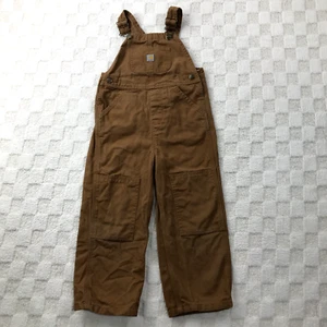 Carhartt Double Knee Bibs Overalls Boys 4 Tan Brown Work Wear Duck Kids Youth - Picture 1 of 13