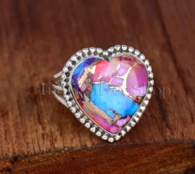 Banda de caña dividida de plata esterlina turquesa cobre dalia rosa en forma de corazón Foto 1 de 4