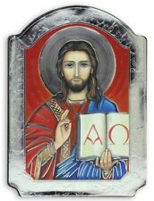 Christ Pantocrator Ruler Of All Icon Picture on Wood w Silver Foil 5 1/2" Italy