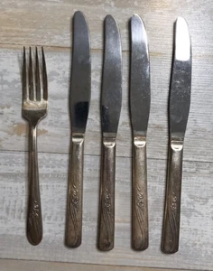 INTERNATIONAL Silver Meadow Flower Plate 4 Knives 1 Fork 1940s Holmes Tuttle - Picture 1 of 5