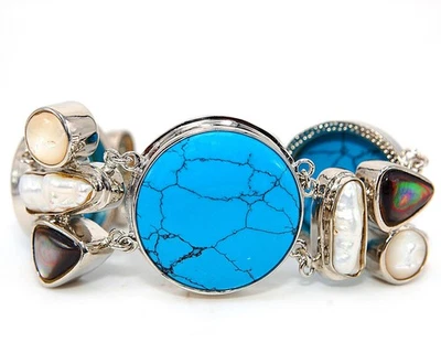 Natural Spider Web Turquoise & Pearl 925 Sterling Silver Tennis Bracelet SQ3-4 - Image 1 of 2