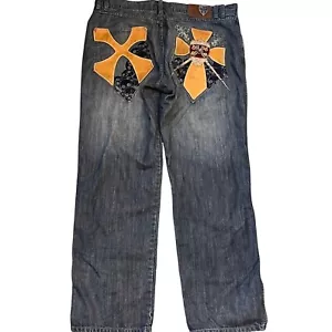 VTG 90's Y2K Pelle Pelle Embroidered Jeans Cross Baggy Streetwear Hip Hop 40x34 - Picture 1 of 10